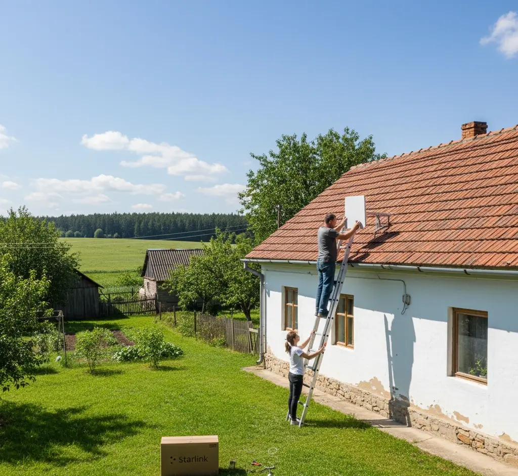 Встановлення Starlink на даху сільського будинку